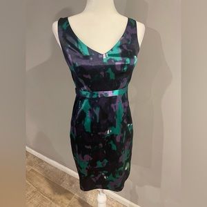 Tahari Women’s Petite Sz 2 Purple Green Watercolor Sheath Dress